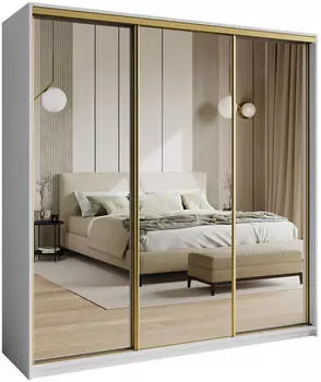 Masseno Rien Schwebet&uuml;renschrank 3-t&uuml;rig mit Spiegel, 200x205x60cm, Wei&szlig;/Gold (SZAFA RIEN 200 - 2 BIAŁY MAT+OK.ZŁOTY)