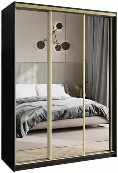 Masseno Rien Schwebet&uuml;renschrank 3-t&uuml;rig mit Spiegel 150x205x60cm Schwarz/Gold (SZAFA RIEN 150 - 2 CZARNY MAT+OK.ZŁOTY)