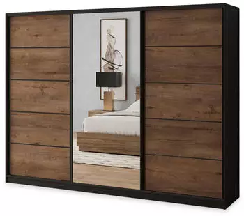 Masseno NATA Schwebet&uuml;renschrank 3-t&uuml;rig mit Spiegel, 235x205x58cm, Schwarz/Eiche Lefkas (SZAFA NATA 235 KOLOR-LEFKAS+CZARNY + OKUCIA CZARNE)