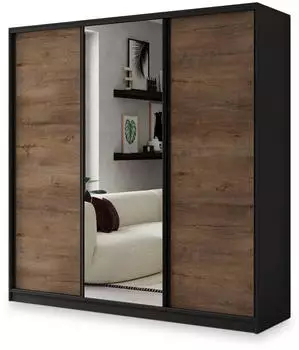 Masseno SORE Schwebet&uuml;renschrank 3-t&uuml;rig mit Spiegel, 4 Schubladen, 180x205x58cm, Schwarz/Eiche Lefkas (SZAFA SORE 180 KOLOR-LEFKAS+CZARNY + OKUCIA CZARNE)