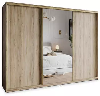 Masseno TAVI Schwebet&uuml;renschrank 250x205x60cm 3-t&uuml;rig mit Spiegel, Sonoma Eiche, Gold (SZAFA TAVI 250 - 1 SONOMA+OK.ZŁOTY)