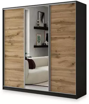 Masseno SORE Schwebet&uuml;renschrank 3-t&uuml;rig mit Spiegel, 4 Schubladen, 200x205x58cm, Schwarz (SORE)