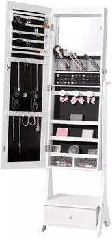 VEVOR Spiegel-Schmuckschrank Ganzk&ouml;rperspiegel, Samtfutter, LED, abschlie&szlig;bar, Wei&szlig; (41x36x157cm)