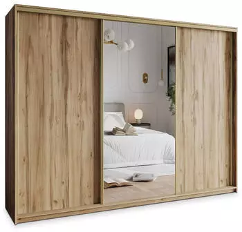 Masseno TAVI Schwebet&uuml;renschrank 3-t&uuml;rig mit Spiegel, Eiche Wotan, 270x205x60cm (SZAFA TAVI 270 - 1 WOTAN+OK.ZŁOTY)
