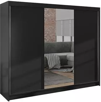 Mirjan24 Derby I Schiebet&uuml;renschrank mit Spiegel, schwarz, 200x215x58cm