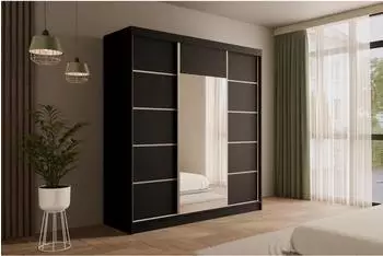 ALTDECOR V2-LINEA Kleiderschrank mit Spiegel und Schiebet&uuml;ren, schwarz, 200x215x61cm (800000993370)