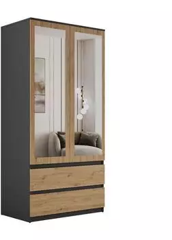 Lookway HANA SS-90 Kleiderschrank mit Spiegel, Holzwerkstoff, Artisan Eiche/Anthrazit, 90x180x50cm (800001532388)