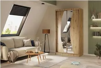 ALTDECOR VOXI Kleiderschrank Schiebet&uuml;ren mit Spiegel, LED-Beleuchtung, Eiche Artisan, 120cm (800000527194)