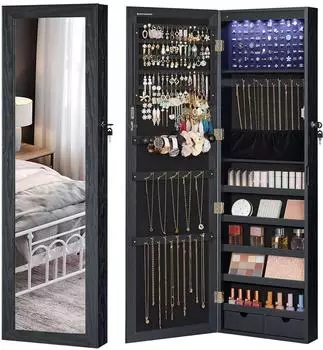Songmics Schmuckschrank Wandspiegel mit LED-Beleuchtung, Schwarz
