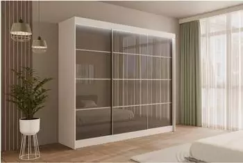 ALTDECOR PEKA3 Schiebet&uuml;renschrank mit LED-Beleuchtung, wei&szlig;/grau, 250x215x61cm (800000636277)