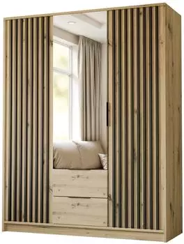 Lookway Nela Kleiderschrank 3-t&uuml;rig mit Lamellen und Spiegel, 155x200x51cm, Eiche Artisan/Schwarz (800001532355)