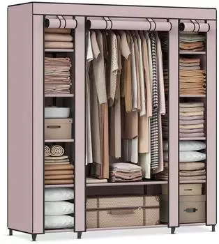 Songmics Stoffschrank mit Kleiderstange und 12 Ablagen, 45x150x175cm, Metallrahmen, puderrosa
