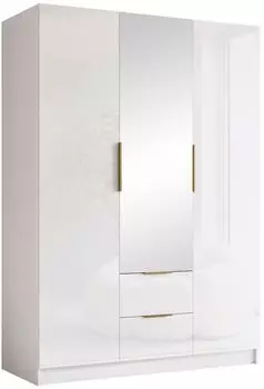 Mirjan24 Calwi II 150 Kleiderschrank mit Spiegel, 3-t&uuml;rig, wei&szlig;/wei&szlig; hochglanz + gold