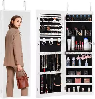 VEVOR Schmuckspiegelschrank 108cm mit LED-Beleuchtung, Samtfutter, wei&szlig;