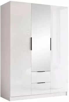 Mirjan24 Calwi II 150 Kleiderschrank 3-t&uuml;rig mit Spiegel, wei&szlig;/wei&szlig; Hochglanz + schwarz