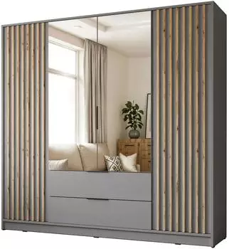 Lookway Nela Kleiderschrank 4-t&uuml;rig mit Lamellen und Spiegel, 206x200x51cm, grau (800001532352)