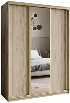 Masseno TAVI Schwebet&uuml;renschrank 3-t&uuml;rig mit Spiegel, Sonoma Eiche, 150x205x60cm (SZAFA TAVI 150 - 1 SONOMA+OK.ZŁOTY)