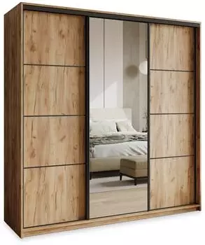 Masseno VARO Schwebet&uuml;renschrank 3-t&uuml;rig mit Spiegel, 180x205x60cm, Craft Eiche Gold/Orange/Schwarz (SZAFA VARO 180 - 4 CRAFT ZŁOTY+OK.CZARNY)