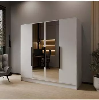 WFL GROUP Mono Lux Kleiderschrank mit Spiegel, Dreht&uuml;ren, wei&szlig;, 200x200x51cm (800001517211)