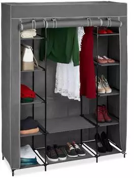 Relaxdays Stoffschrank mit Kleiderstange, 12 Ablagen, anthrazit, 175x135x45cm (10035770_139)