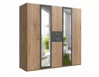 luma-home Dreht&uuml;renschrank mit Spiegelt&uuml;ren & Schubk&auml;sten, 225x208x58cm, Eiche/Grafit (22592)