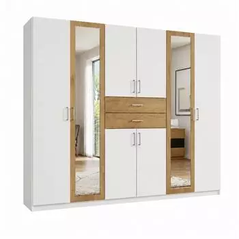luma-home Dreht&uuml;renschrank 270x208x58cm, 2 Spiegelt&uuml;ren, wei&szlig;/Eiche Dekor (22595)