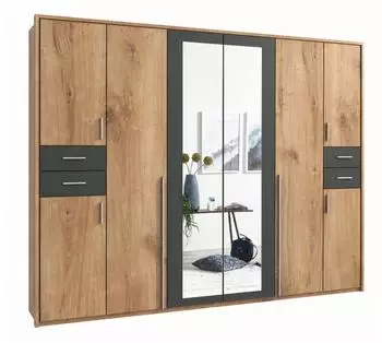luma-home Drehtürenschrank 273x210x58cm, Eiche/Grafit, 2 Spiegeltüren, Passepartout (22576)