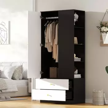 Stilvora Kleiderschrank mit Spiegeltür, 2 Schubladen & Kleiderstange, weiß/schwarz, 80×40×180cm (KABKV3VCNA5V5YB)