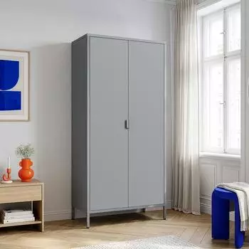 en.casa Kleiderschrank Esteli 2 Kleiderstangen, 4 Einlegeb&ouml;den, Stahl, grau, 170x80x45cm