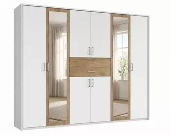 luma-home Dreht&uuml;renschrank mit Passepartout, Spiegel & Schubk&auml;sten, wei&szlig;/Eiche, 273x210x58cm (22602)