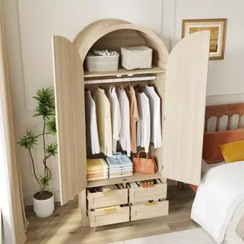 Stilvora Kleiderschrank mit Kleiderstange und 4 Schubladen, gebogen, Eiche, 80x50x179cm