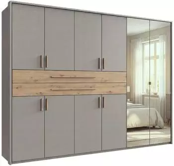luma-home Dreht&uuml;renschrank 273cm sandgrau, Passepartout, Spiegel, Eiche Artisan (22650)
