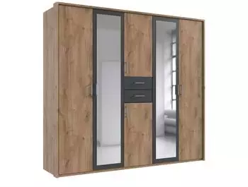 luma-home Dreht&uuml;renschrank mit Passepartout, Schubk&auml;sten & 2 Spiegelt&uuml;ren, Eiche/Grafit, 228x210x58cm (22600)