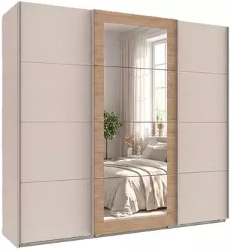 luma-home Schwebetürenschrank 3-türig 225x208x64cm beige-grau, Spiegel Eiche Natur (22625)