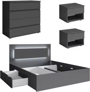 Feldmann-Wohnen Fino Schlafzimmer-Set 4-teilig, graphit, 140x200cm