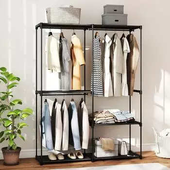 HomCom Stoffkleiderschrank mit Kleiderstange, 4 F&auml;cher, schwarz, 43x185x142cm