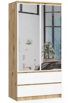 Akord Furniture Factory Kleiderschrank S90 mit Spiegel, 2 Türen, Eiche Artisan/weiß, 90x51x180cm (2349)