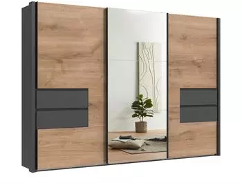 luma-home Schwebetürenschrank 3-türig 312x216x65cm Grafit/Eiche Dekor/Spiegel (22064)