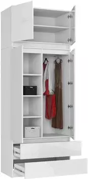RAUMHIRSCH Kleiderschrank S90 mit Aufsatz und 2 Schubladen, weiß/weiß Glanz, 90x234x51cm (800001457446)