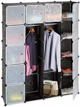 Relaxdays Kleiderschrank Stecksystem 14 F&auml;cher, 2 Kleiderstangen, 145x180x36,5cm