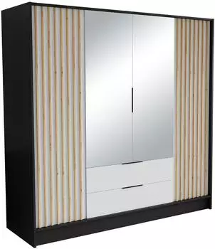 Masseno Pelor Dreht&uuml;renschrank 4-t&uuml;rig mit Spiegel, schwarz, 200x200x51cm