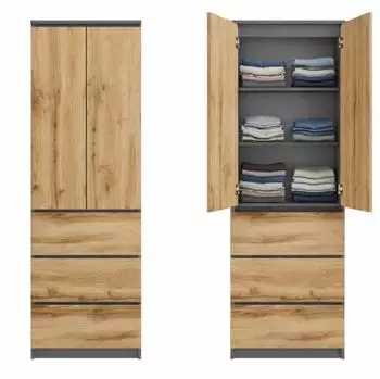 Home Collective Mehrzweckschrank 2-t&uuml;rig, 3 Einlegeb&ouml;den & 3 Schubladen, Anthrazit-Eiche (50x40x180,5cm)