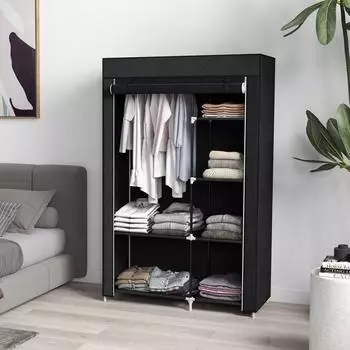 OKWISH Stoffkleiderschrank mit Kleiderstange, 6 F&auml;cher, schwarz, 103x43x162,5cm