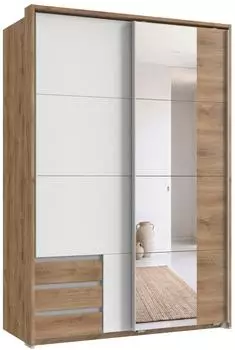 luma-home Schwebetürenschrank 2-türig, Eiche/weiß, Spiegel, Passepartout, 138x200x65cm (22684)