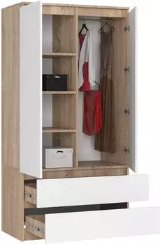 RAUMHIRSCH Kleiderschrank S90 2-türig, 2 Schubladen, Sonoma Eiche/weiß, 90x180x51cm (800001457722)