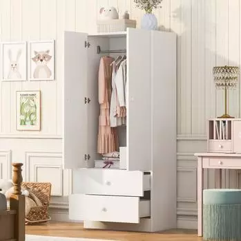 OKWISH Kleiderschrank mit Kleiderstange und 2 Schubladen, weiß/rosa (70x40x170cm)