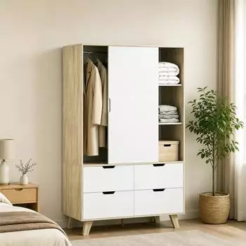 HomCom Kleiderschrank mit Schiebet&uuml;ren, 4 Schubladen, 120x50x187,5cm, Eiche/wei&szlig;