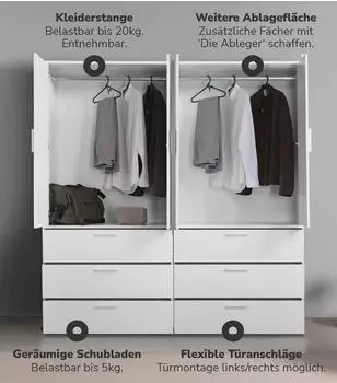 mokebo Kleiderschrank "Der Grenzenlose" 4-t&uuml;rig mit 6 Schubladen, wei&szlig;, 180x187x58cm (800000487943)