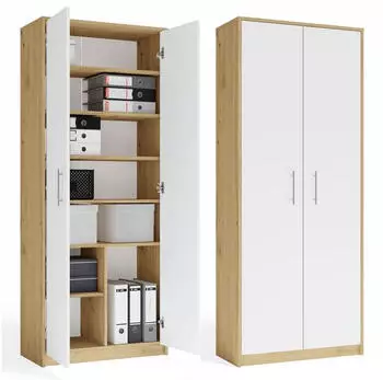 Top E Shop OLIV 2D Standregal mit 2 Türen und 8 Fächern, 74x180x35cm, Eiche/Weiß