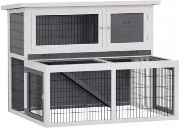 Pawhut Vollholz Doppelstockhaus mit Freilaufgehege 122x95x93,5 cm Grau